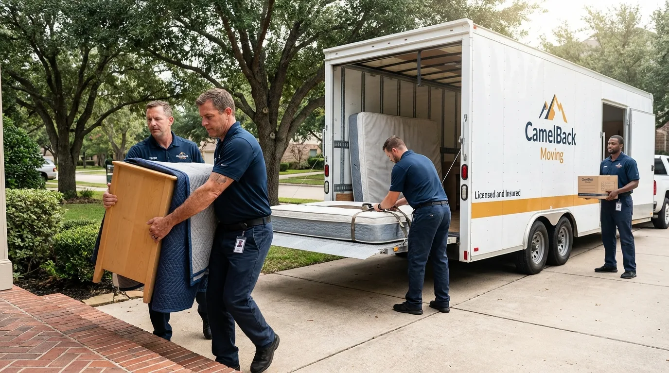 Crew loading residential truck for cross-state move from Von Ormy, TX