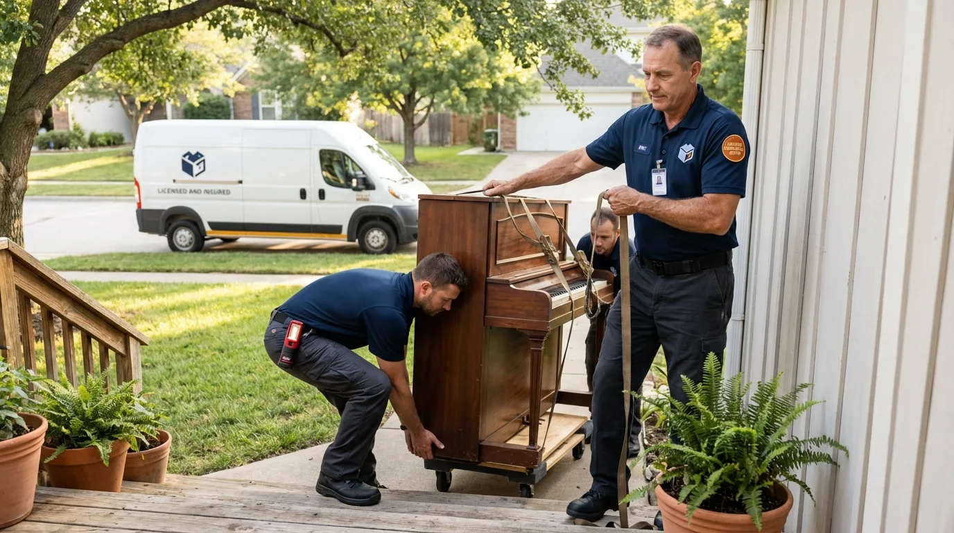 Licensed piano movers securing grand piano in Von Ormy, TX