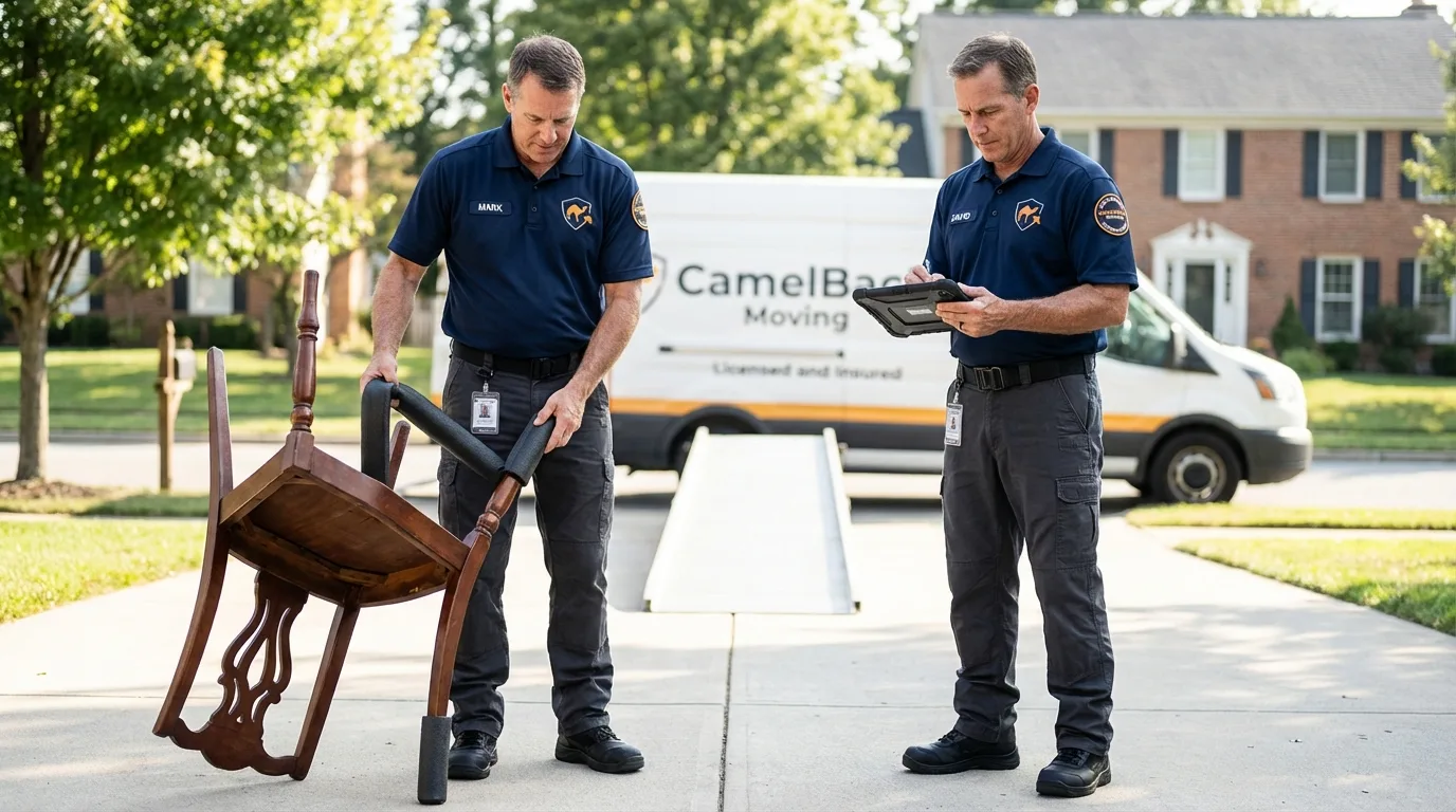 Movers inspecting furniture for damage prevention before loading in Von Ormy, TX