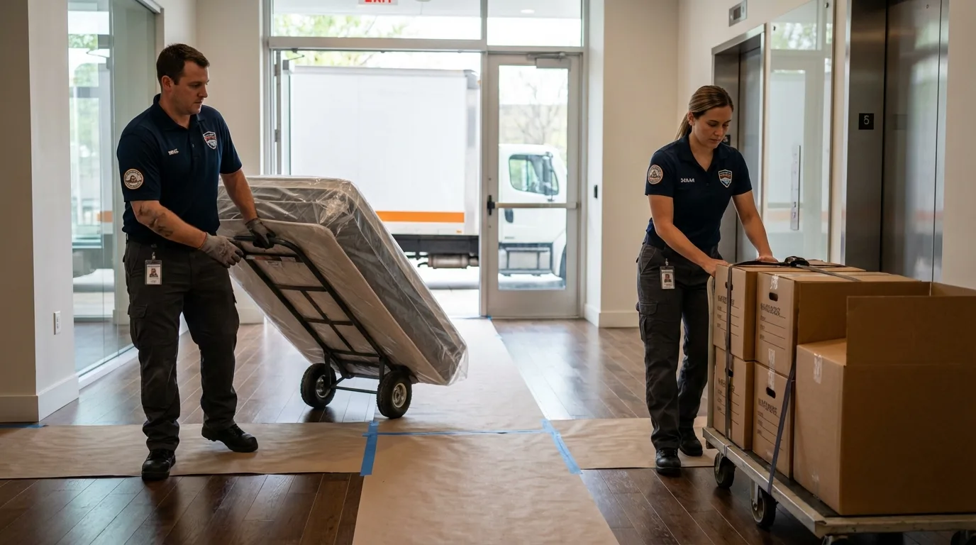 Professional apartment movers loading elevator in Von Ormy, TX